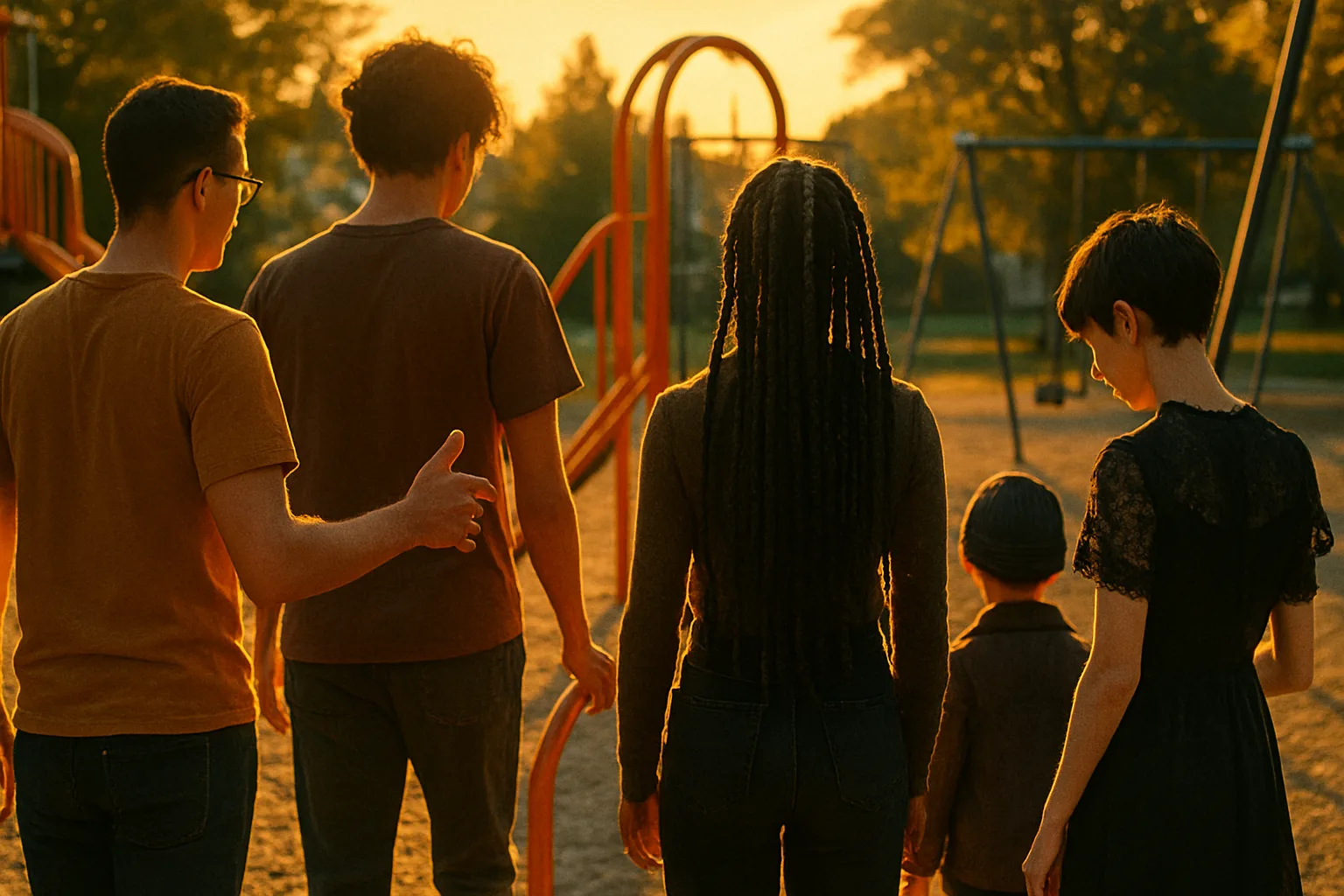 Five Figures Interact Within a Sun-drenched Community Playground