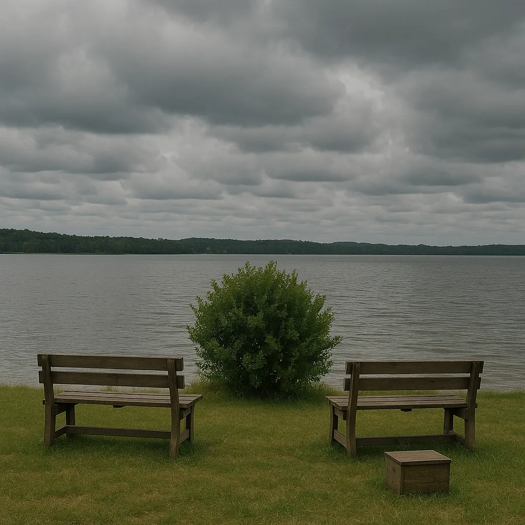 Lakeside Scene with Wooden Benches