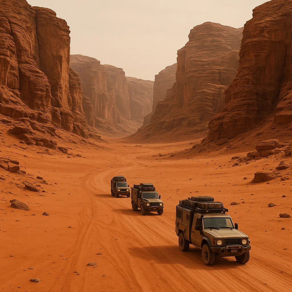Small Convoy of Rugged Exploration Vehicles Traverses a Vast