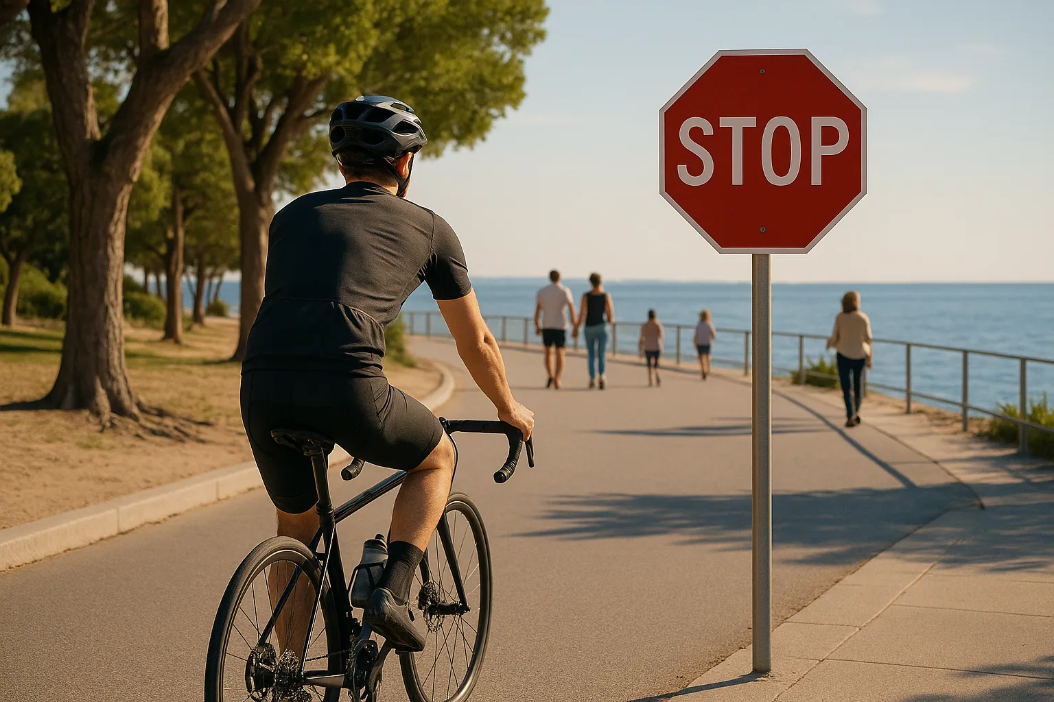 Cyclist Rides Towards a Stop Sign near a Coastal Walkway