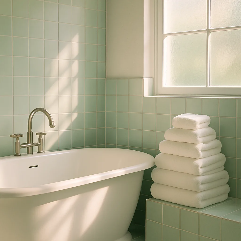 Tranquil Bathroom Features a Polished White Freestanding Bathtub