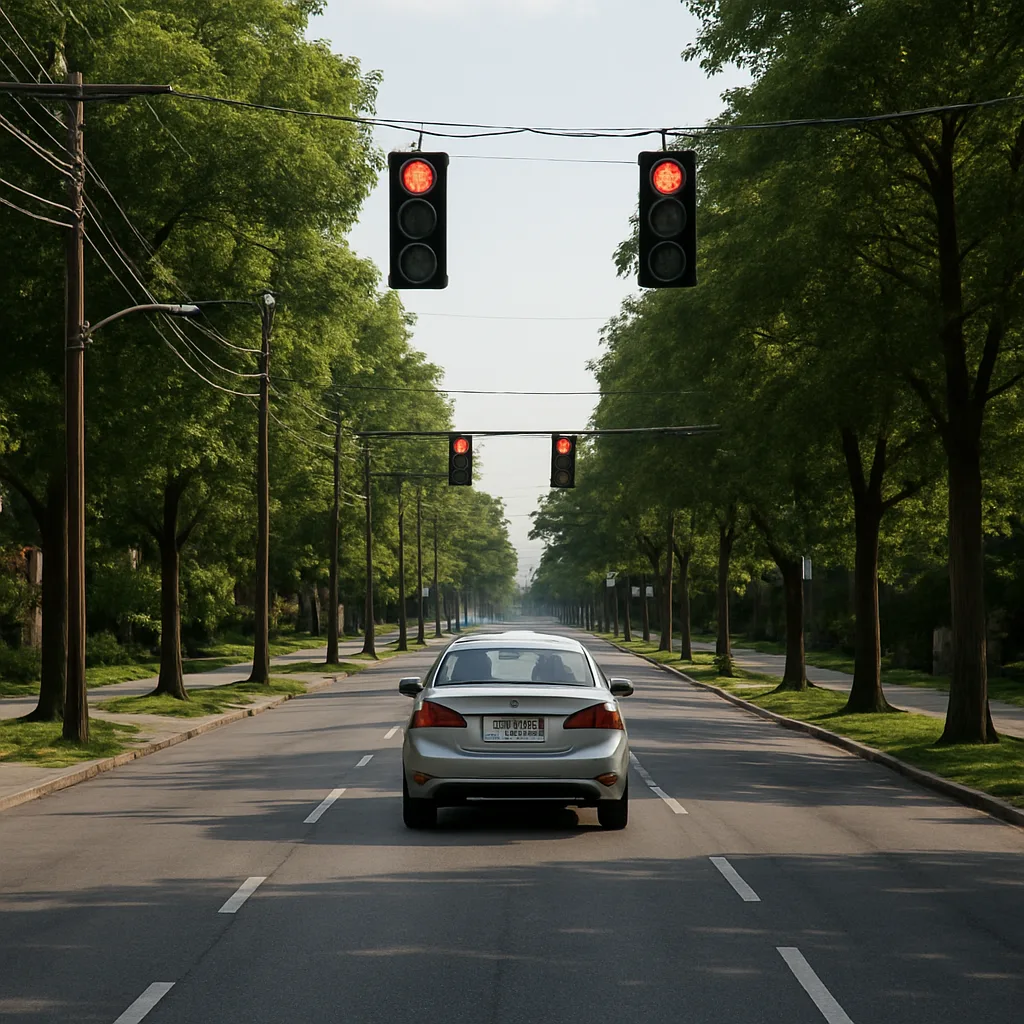 Straight Urban Street Lined with Trees