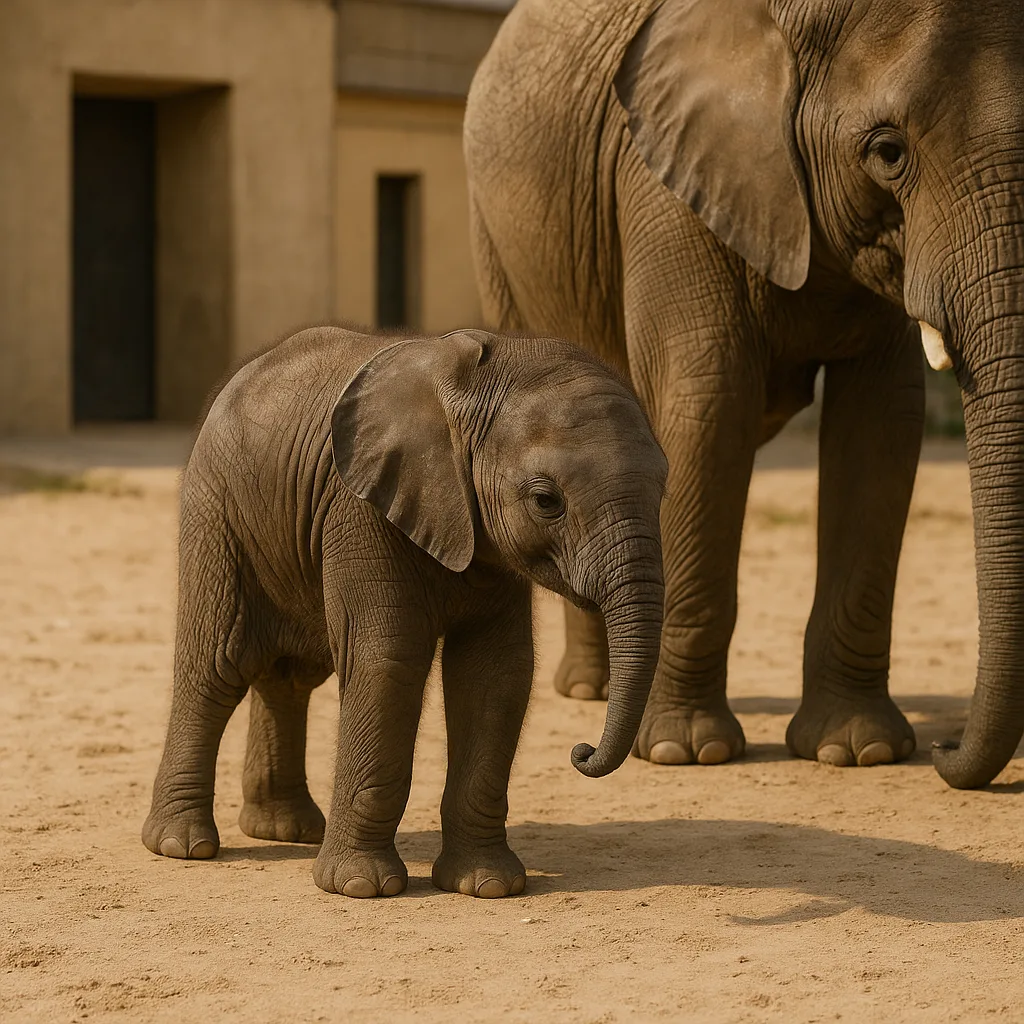 Baby Elephant Stands on Sandy Ground with an Adult Elephant