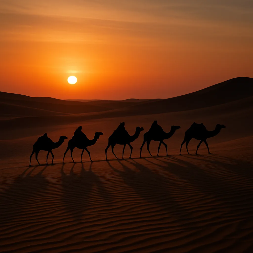 Small Group of Silhouetted Camels Journeys Slowly Across Vast