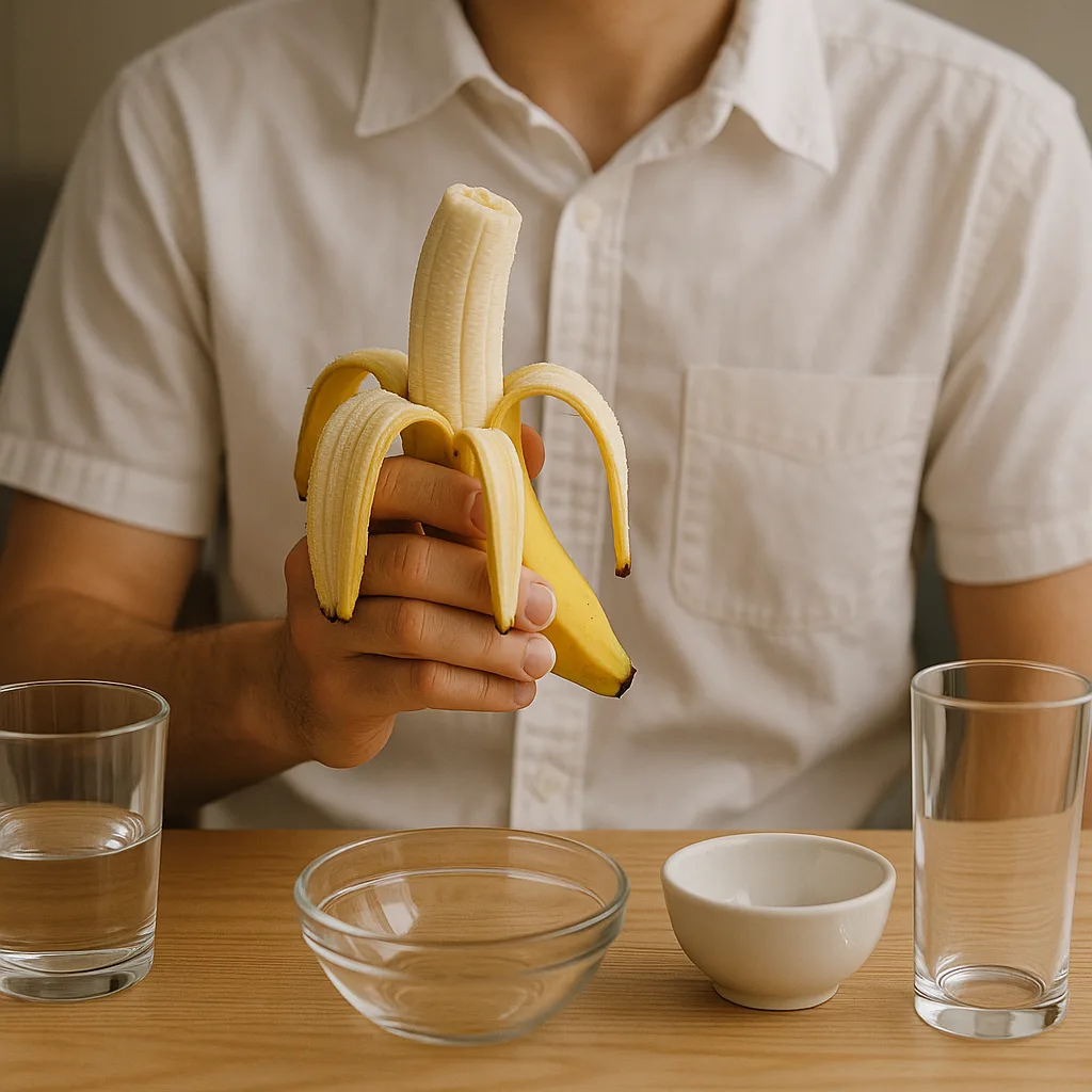 Person Wearing a White Shirt Holds a Partially Peeled Banana