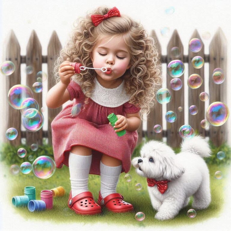 Little Girl Blowing Bubbles with Dog
