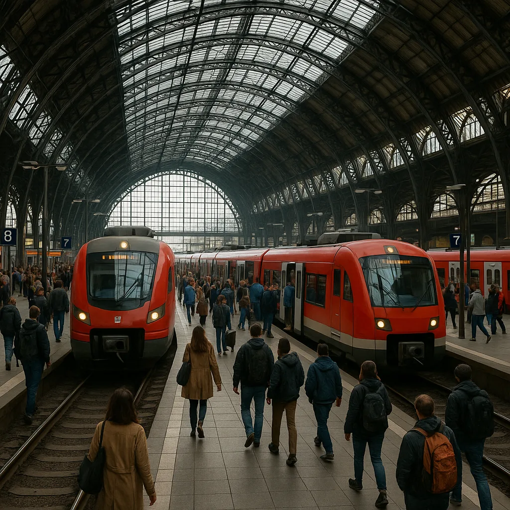 Bustling Urban Train Station with Red Commuter Trains