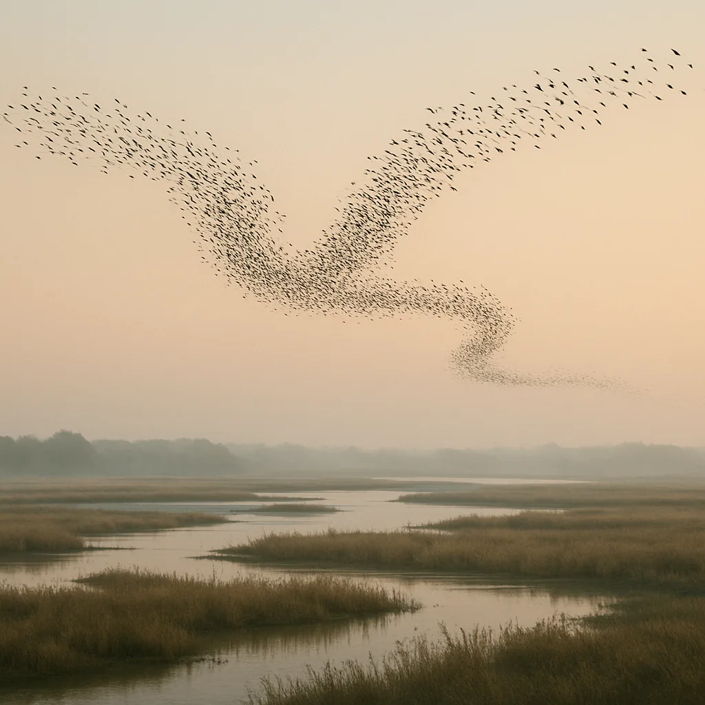 Hundreds of Migrating Birds Form a Dynamic