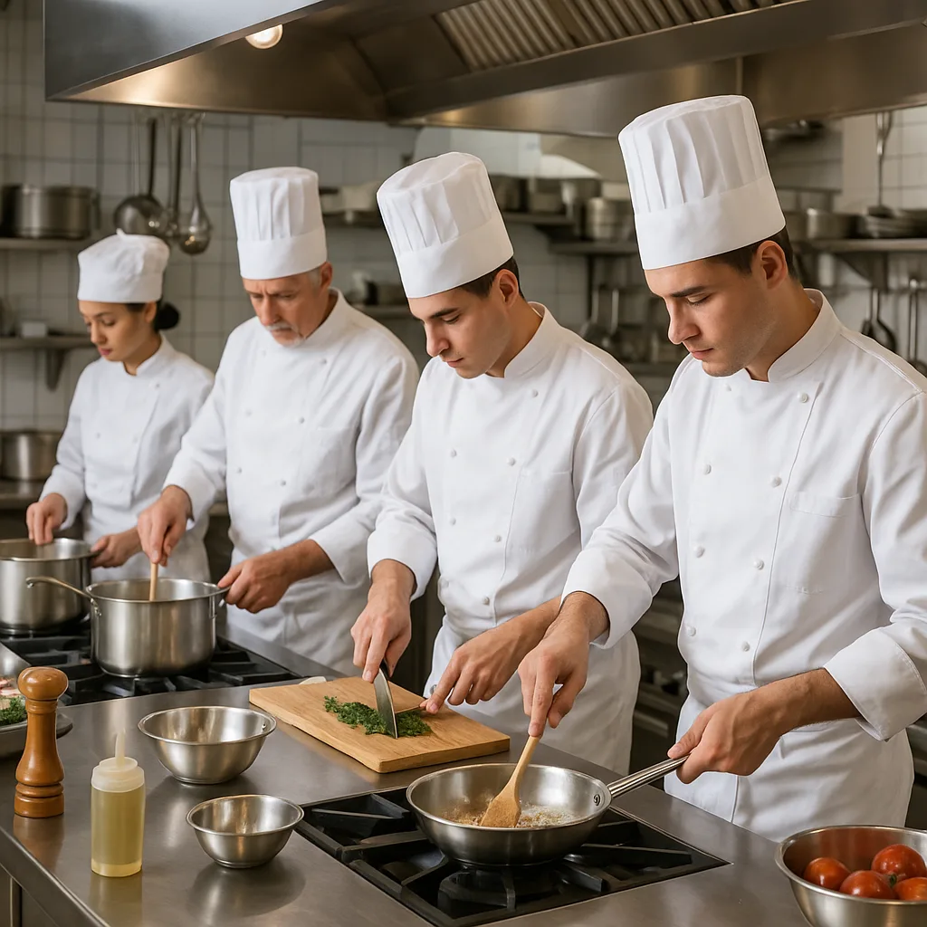 Chefs Wearing White Uniforms Work in a Commercial Kitchen