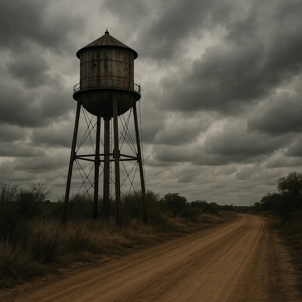 Rusty Water Tower Stands under an Overcast Sky