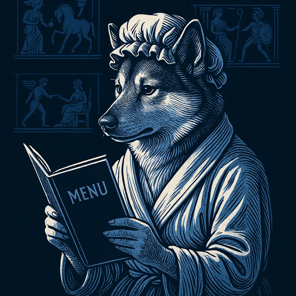 Norwegian Elkhound in Gown and Shower Cap Peruses a Menu