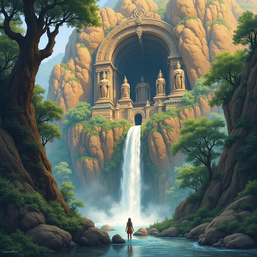 Mountain Temple Above a Waterfall in Gouache