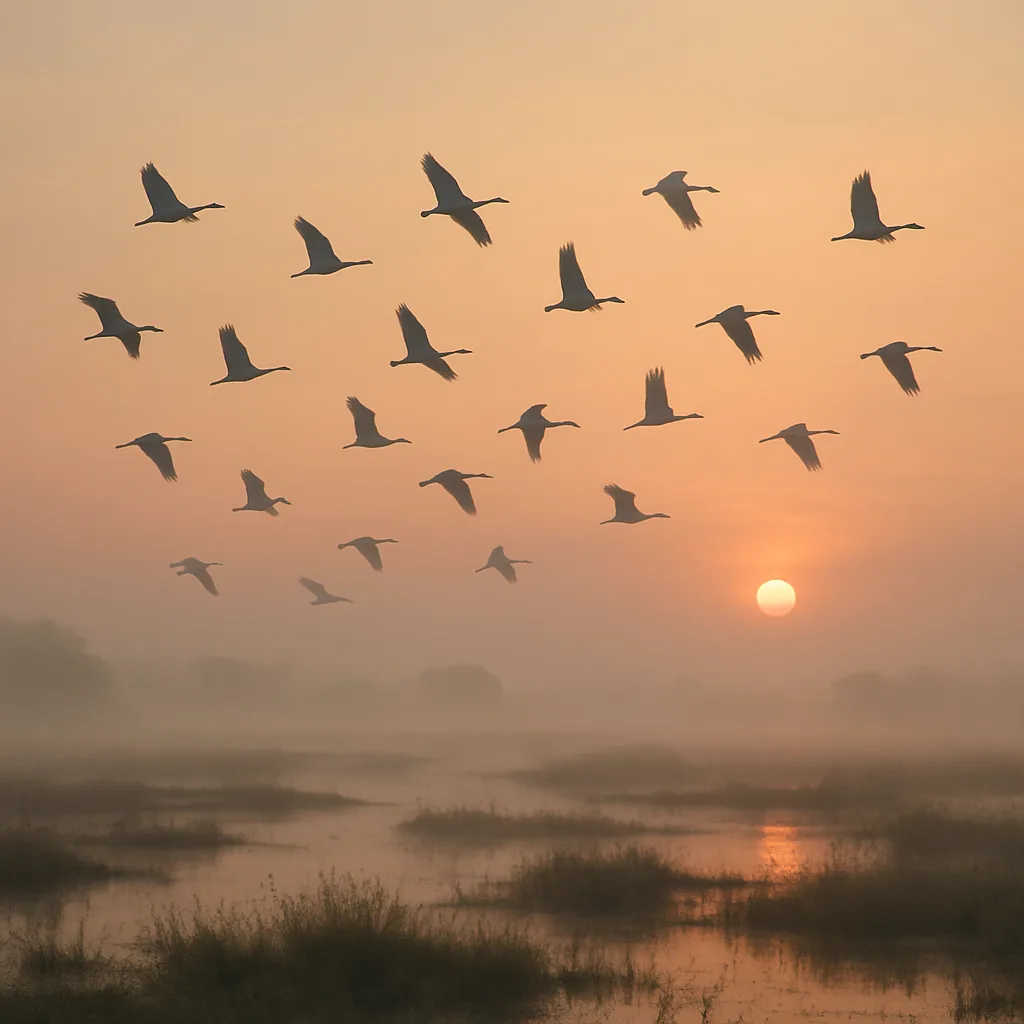 Many Distant Waterbirds Take Flight in a Scattered Formation