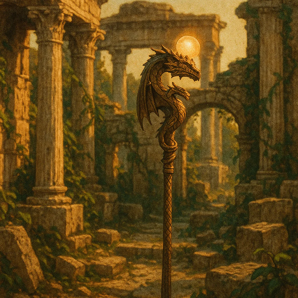 Scaled Draconic Wizardstaff Rests Among Ancient