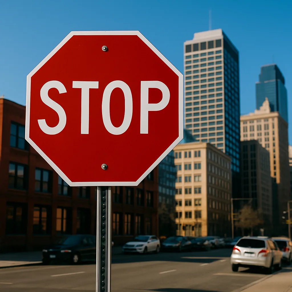 Red Stop Sign in Front of an Urban Cityscape