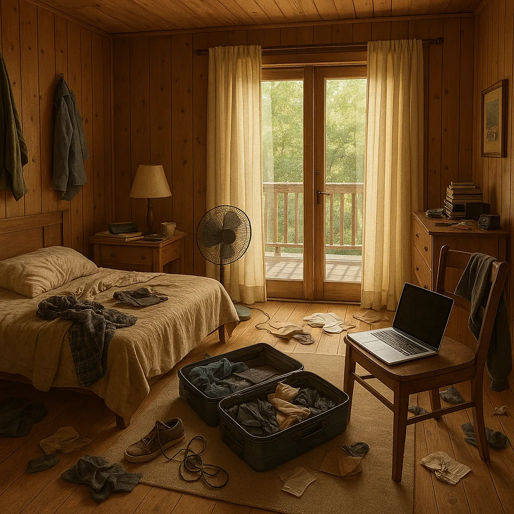 Cluttered Bedroom with Wooden Walls