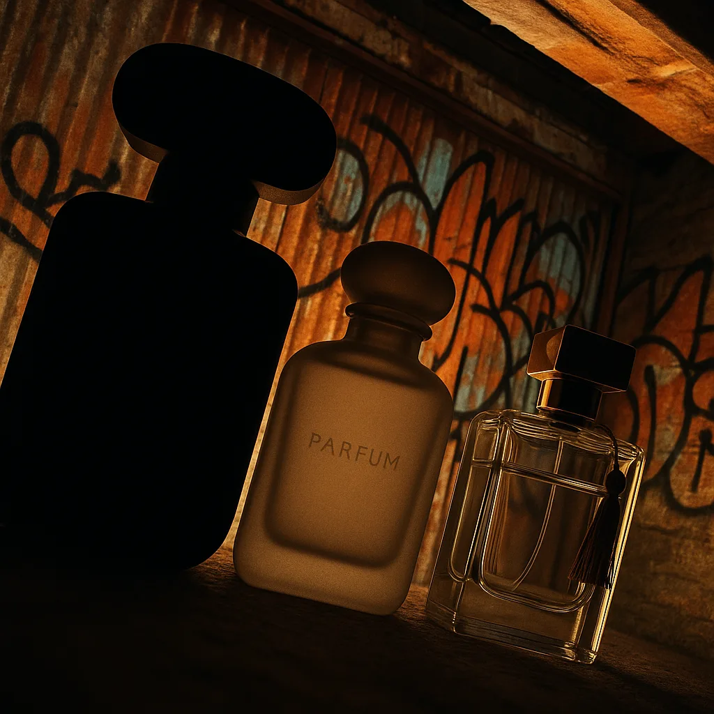 Collective Silhouette of Three Distinct Perfume Bottles—one Bold