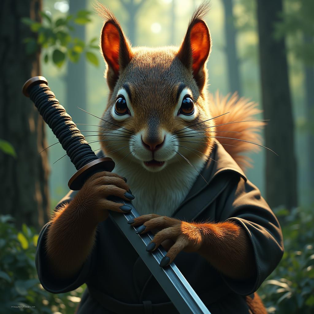Cinematic Squirrel Wielding a Katana in Forest