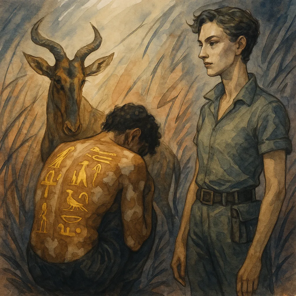 Gold Hieroglyphs and Vitiligo Mark a Cowering Performer's Back