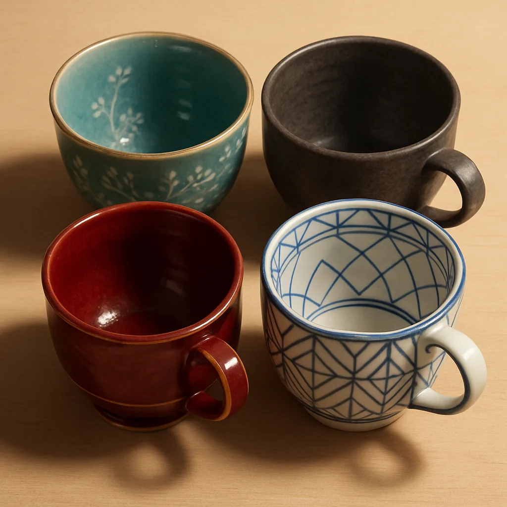 Hyper-detailed 3D Render Showing Four Ceramic Tea Cups