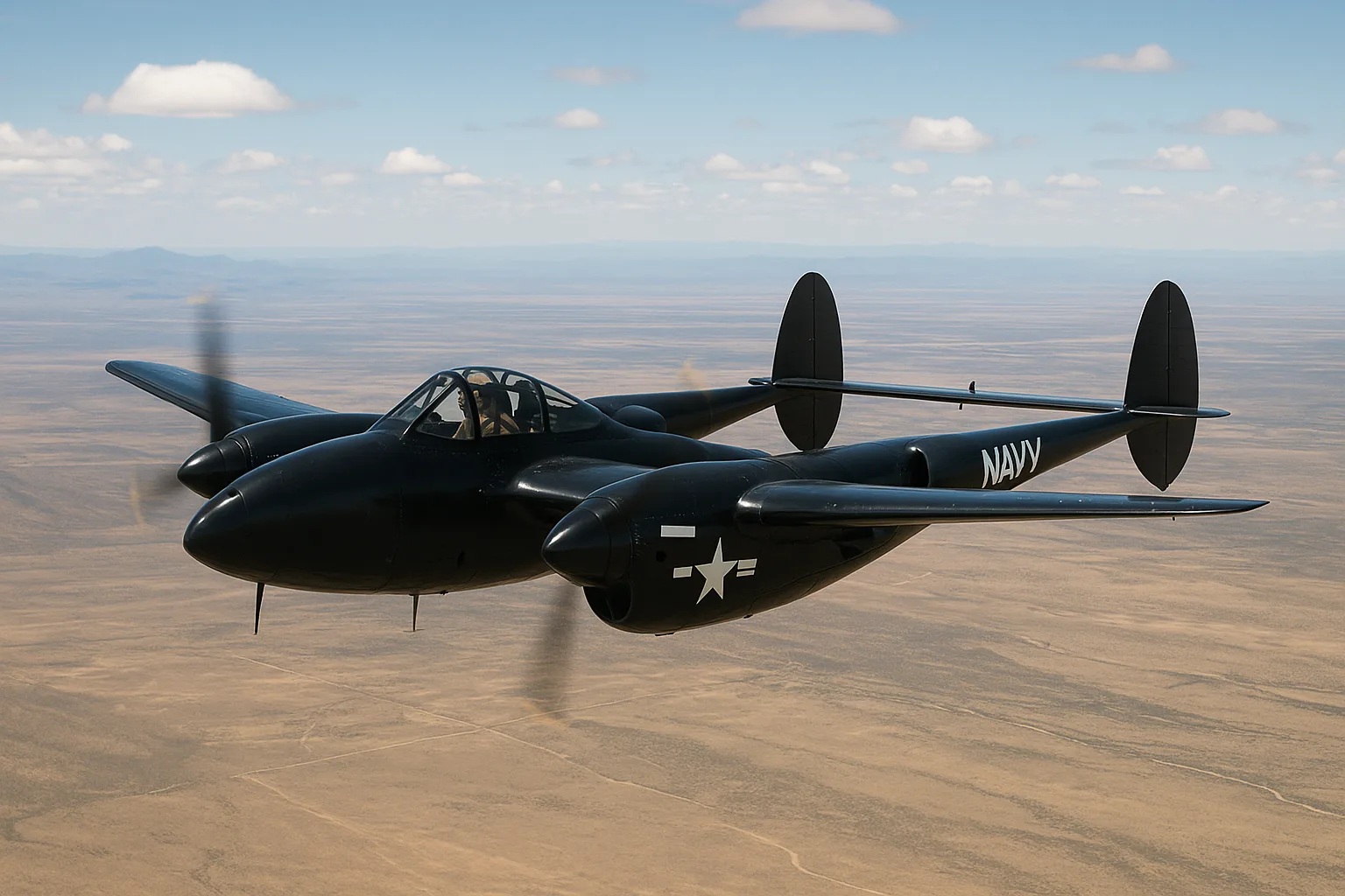 Black Navy Aircraft with a Unique Twin-boom Design