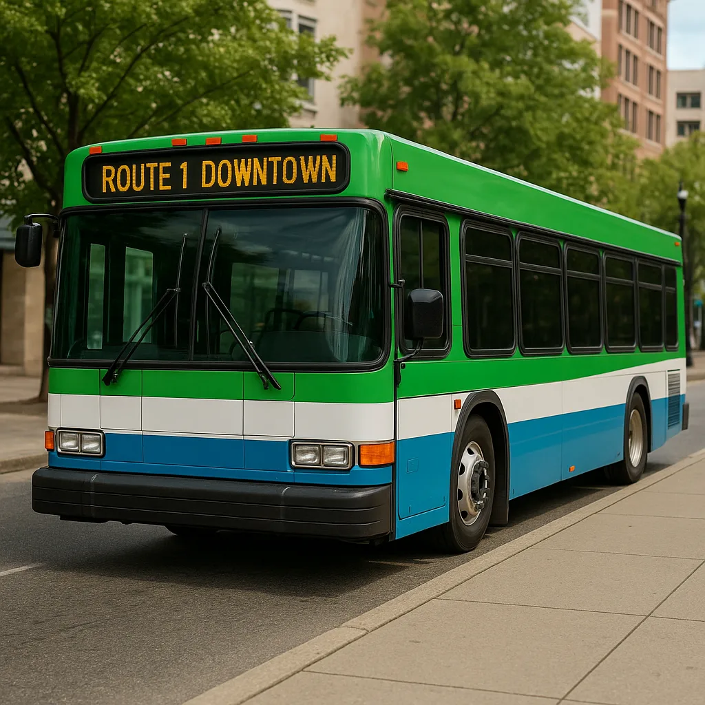 Parked City Bus Labeled "Route 1 Downtown"