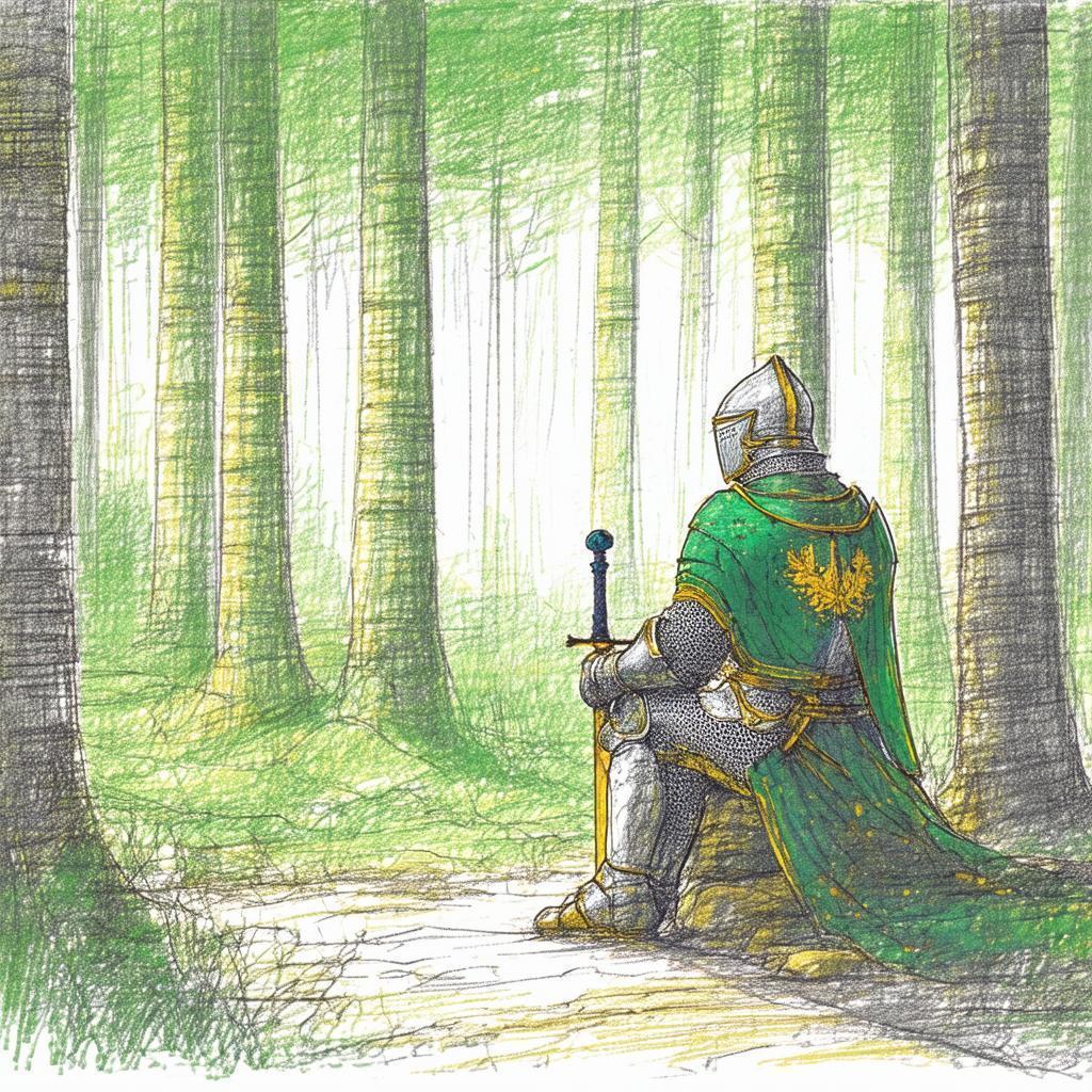 Line Drawn Knight Resting in Sketched Woods