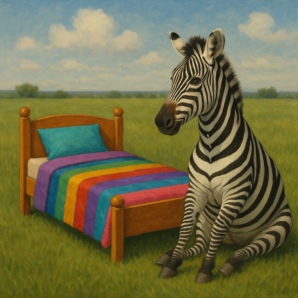 Zebra Seated Beside a Vibrant Bed Located in a Field