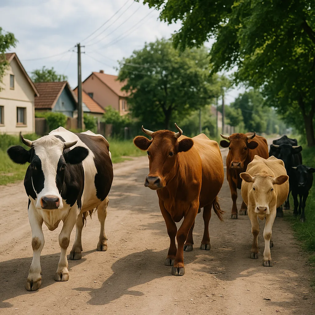 Group of Cows Walking Along a Dirt Road Next