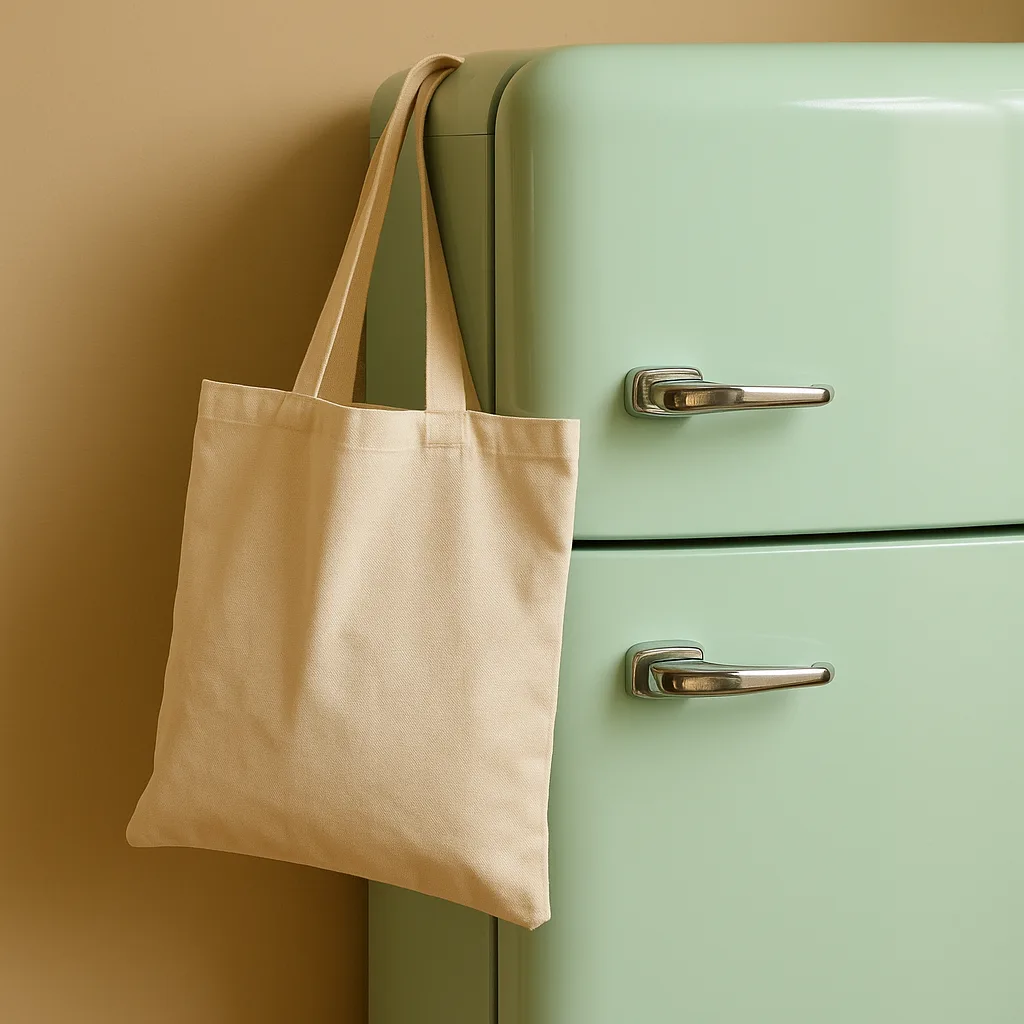 Showcasing a Retro-themed Refrigerator with a Tote Bag