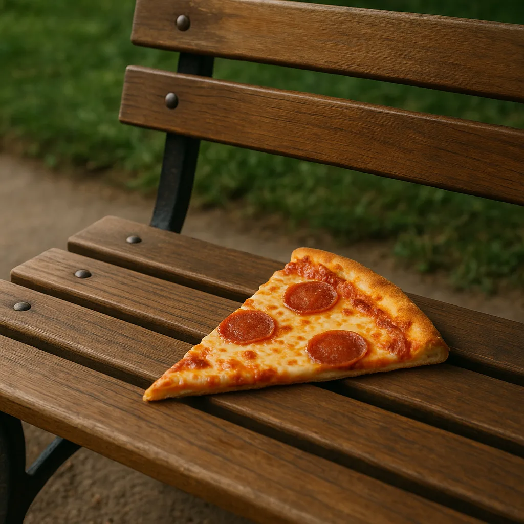 Wooden Park Bench with a Slice of Pizza