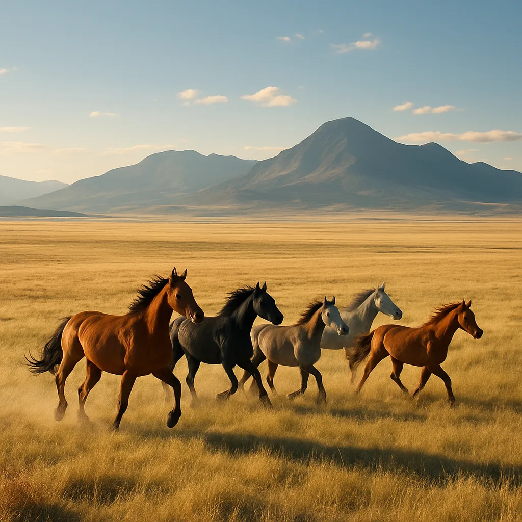 Small Herd of Wild Horses Gallops Freely Across an Expansive
