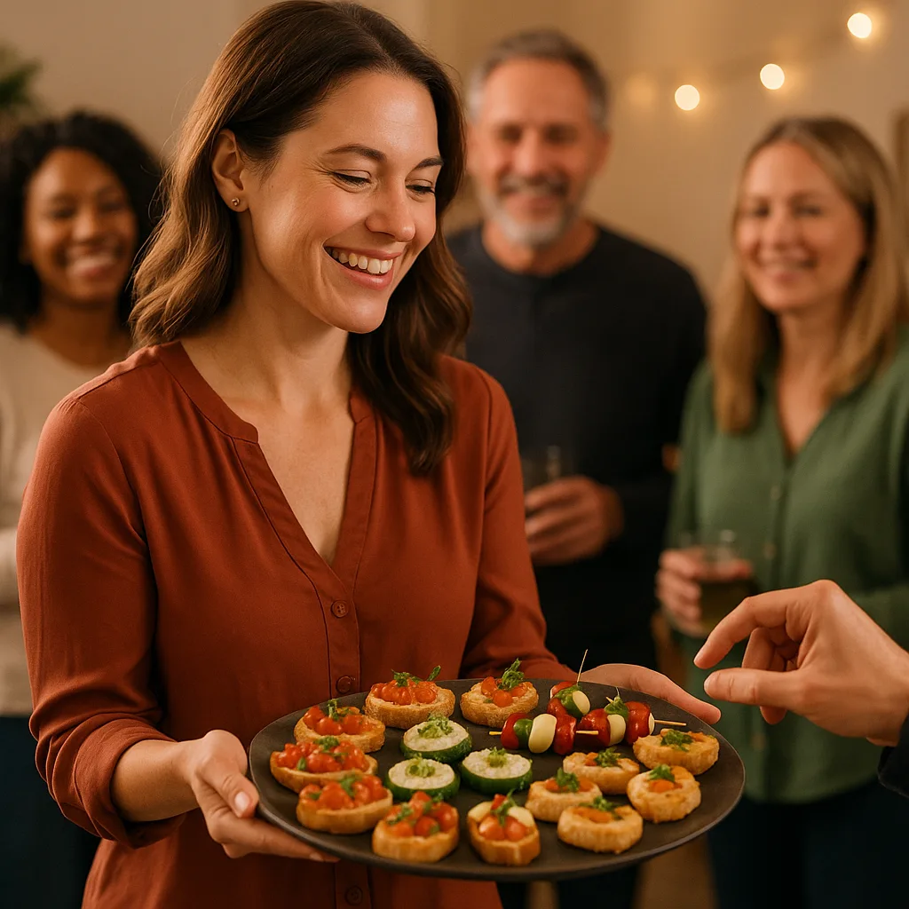Woman Is Walking Around with a Tray of Hors D'oeuvres