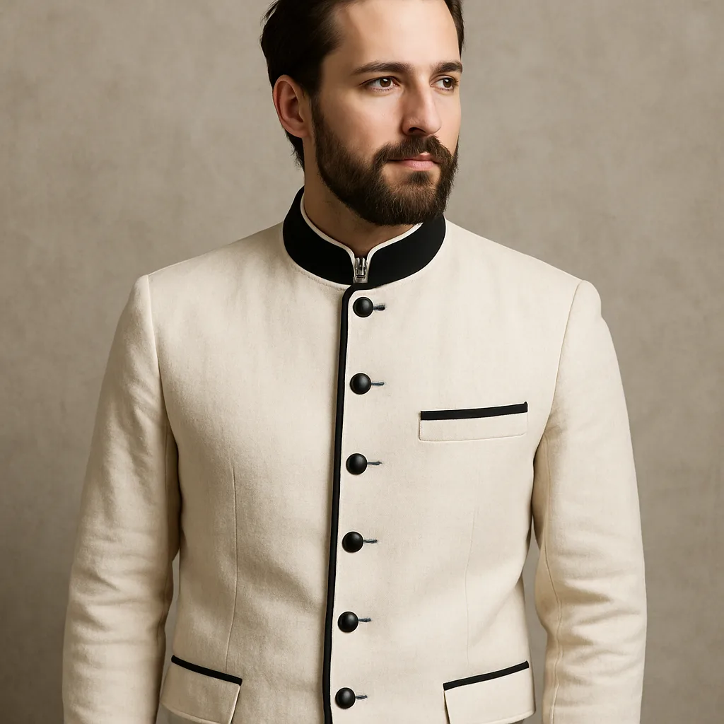 Man Wearing an Off-white Traditional-style Jacket with Black Accents