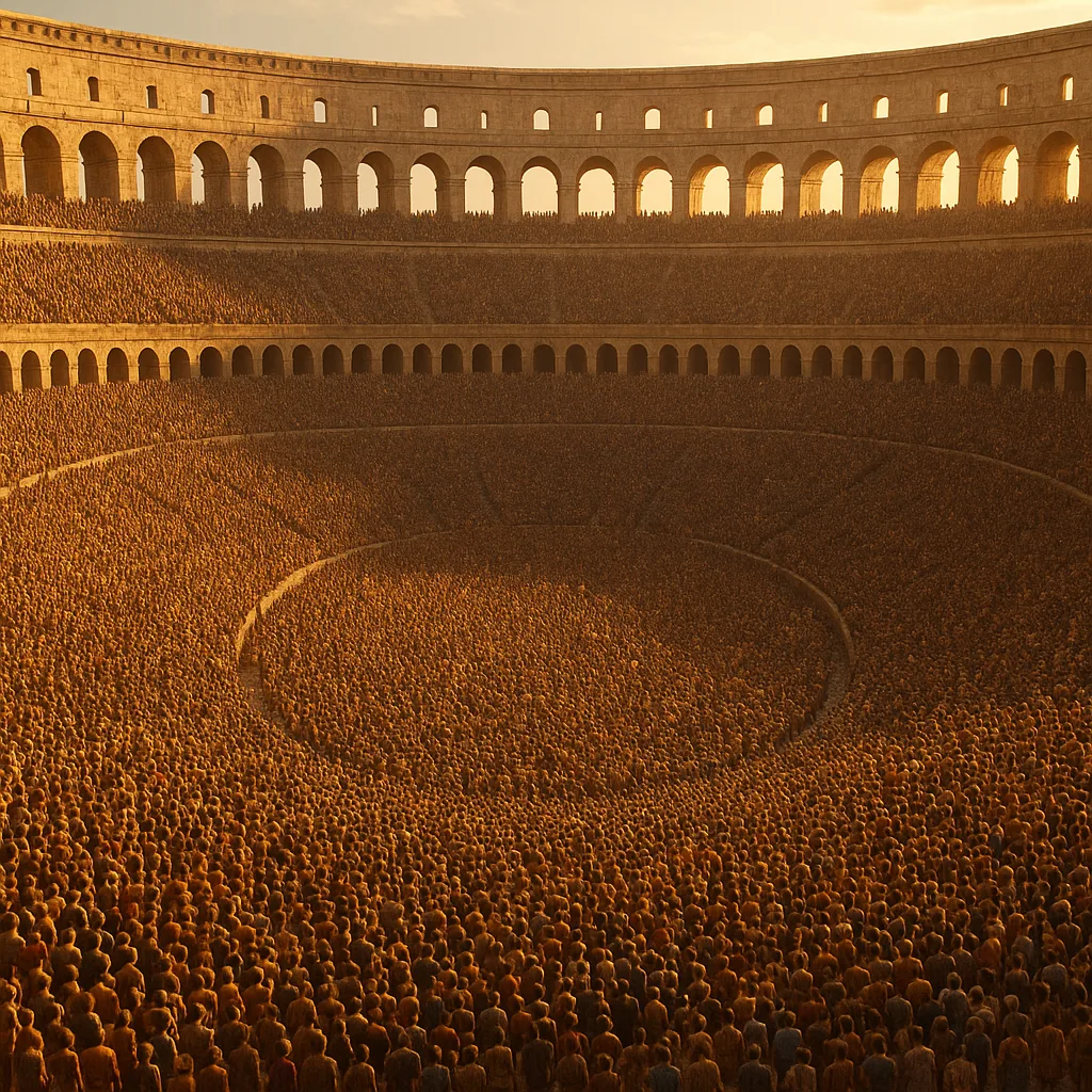 Dense Crowd of Countless Tiny Figures Fills a Colossal Ancient