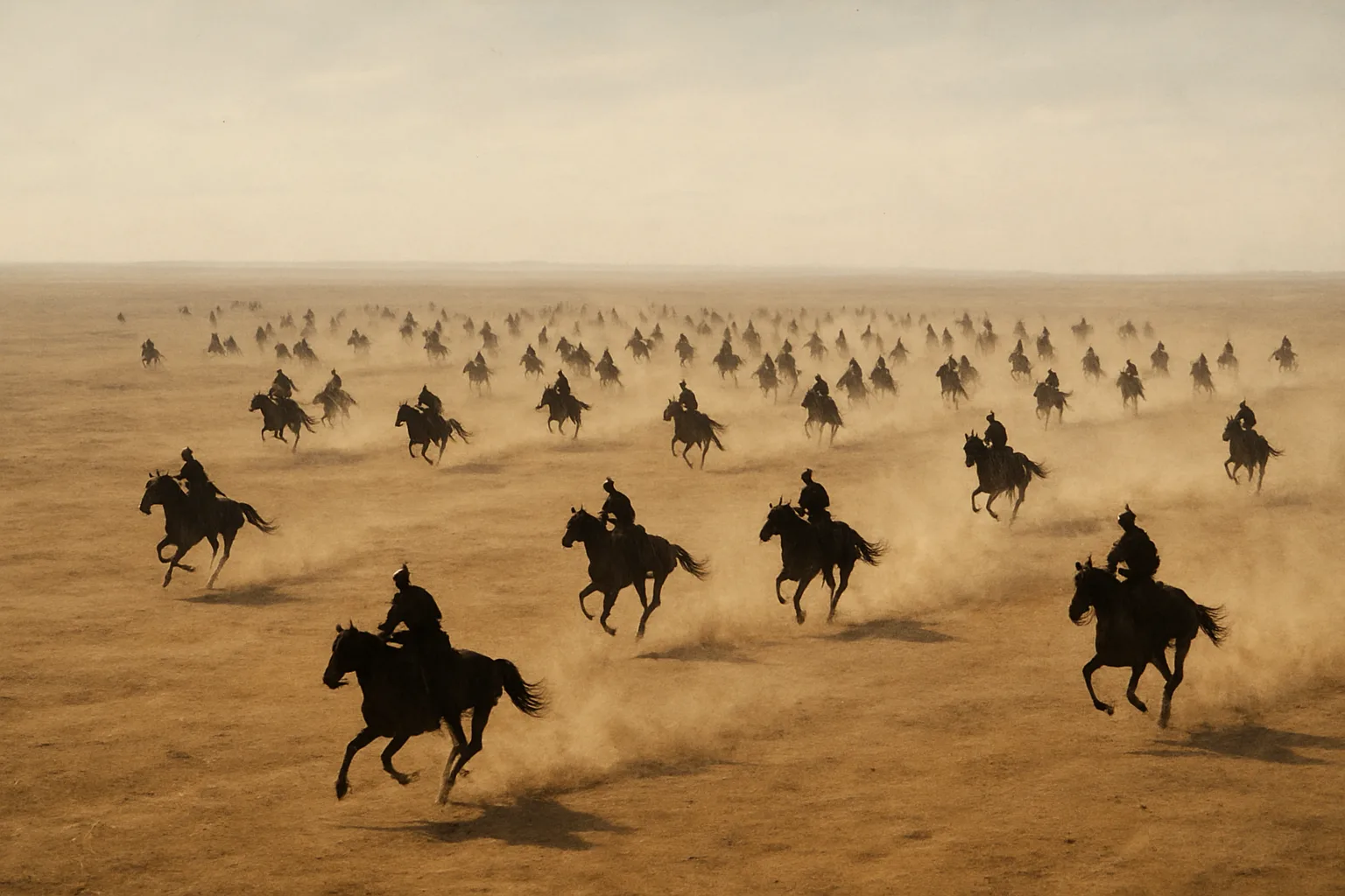 Many Distant Figures on Horseback Gallop Across a Vast