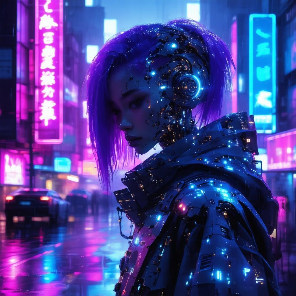 Purple Haired Cyborg in a Neon Cityscape