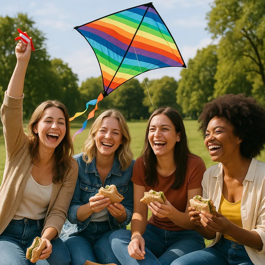 Group of Women Are Joyfully Flying a Vibrant Kite