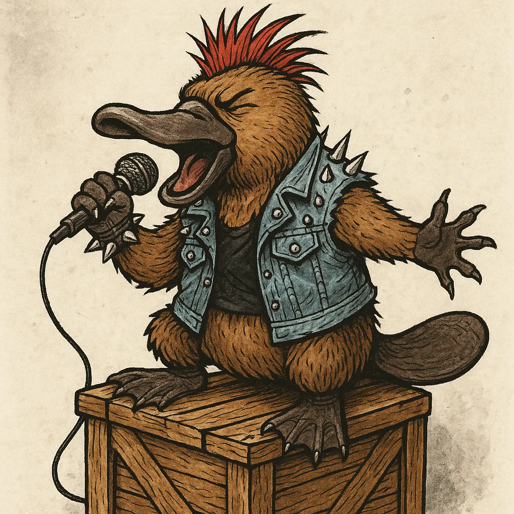 Rebellious Platypus Wearing a Spiked Denim Jacket Energetically