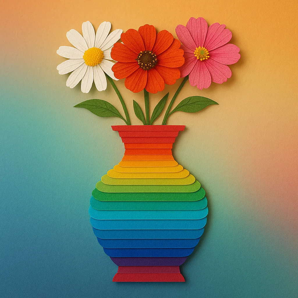 Colorful Vase Made of Stacked Paper Holds Three Vibrant Flowers—a