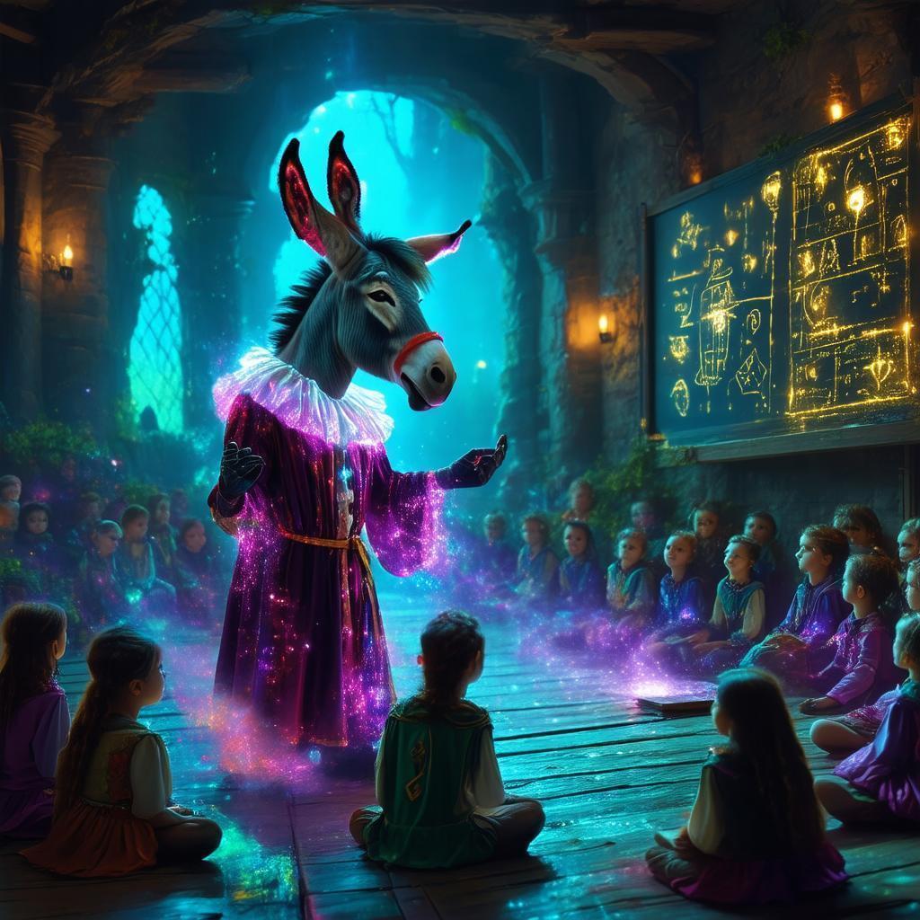 Clown Donkey Lecturing in an Enchanted Hall
