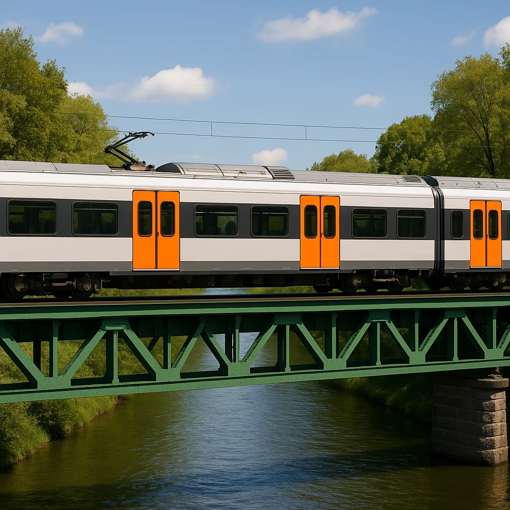 Modern Train with Orange Doors Crosses a Green Metal Bridge
