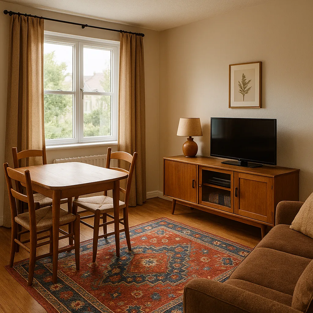 Cozy Living Room Featuring a Wooden Table with Chairs