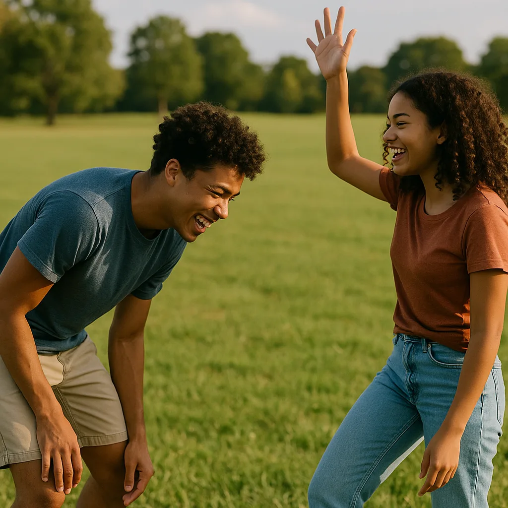Two People Playing or Interacting on a Grassy Field