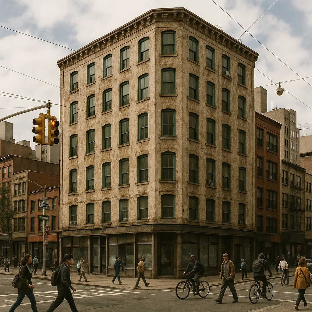 Busy Urban Street Corner Featuring a Weathered Multistory