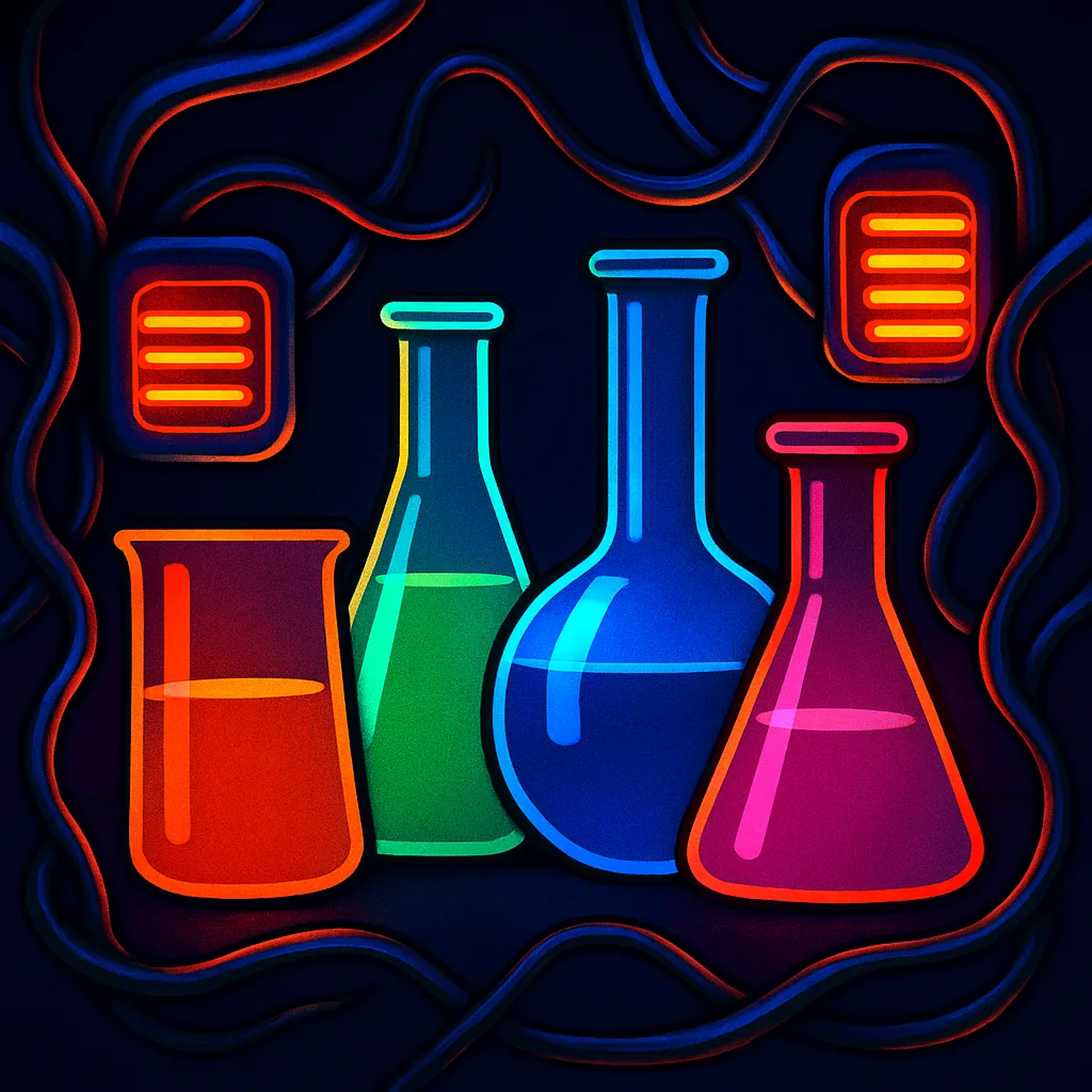 Four Diverse Beakers in a Vivid Flat Color Style