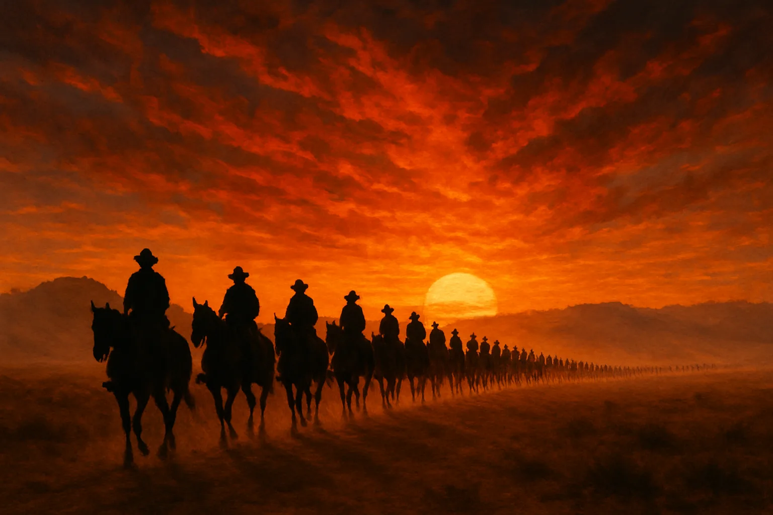 Dozens of Silhouetted Figures on Horseback Traverse a Vast