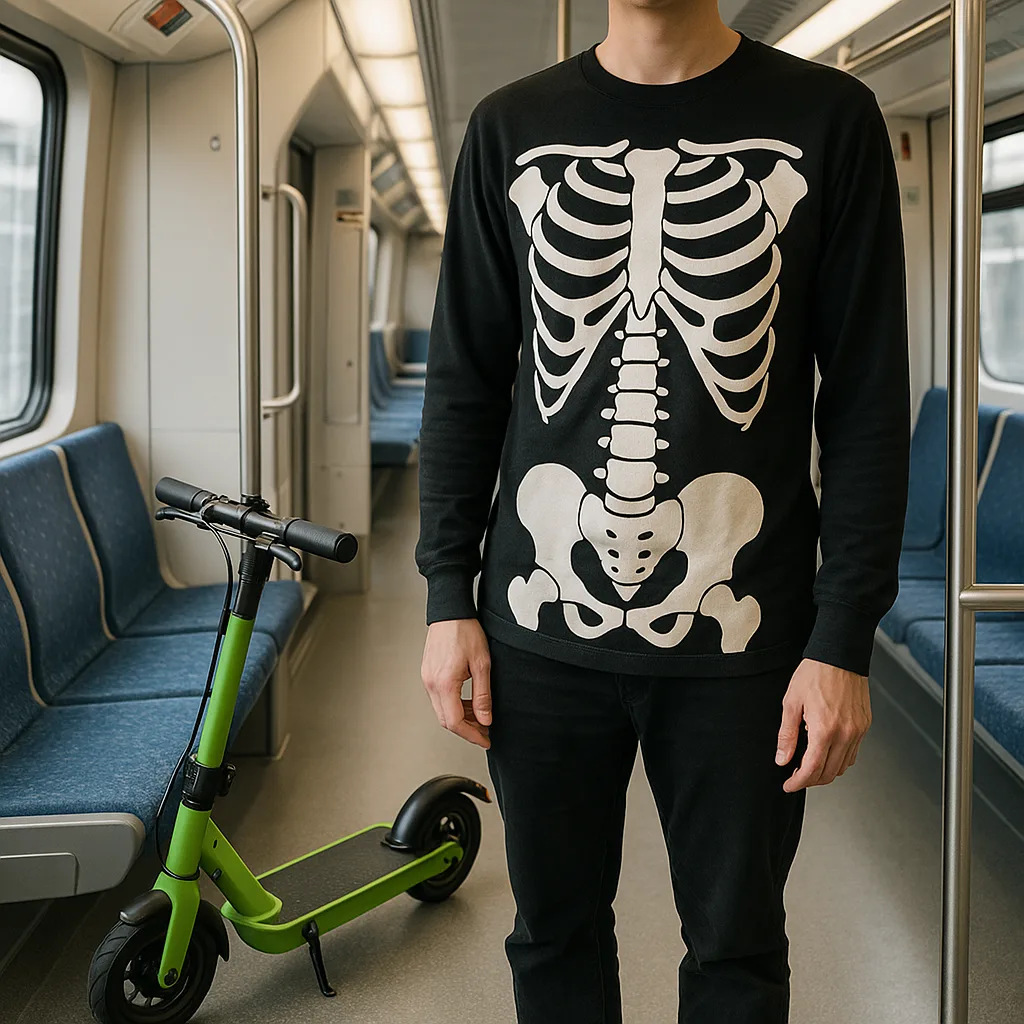 Person Wearing a Black Skeleton Shirt Stands