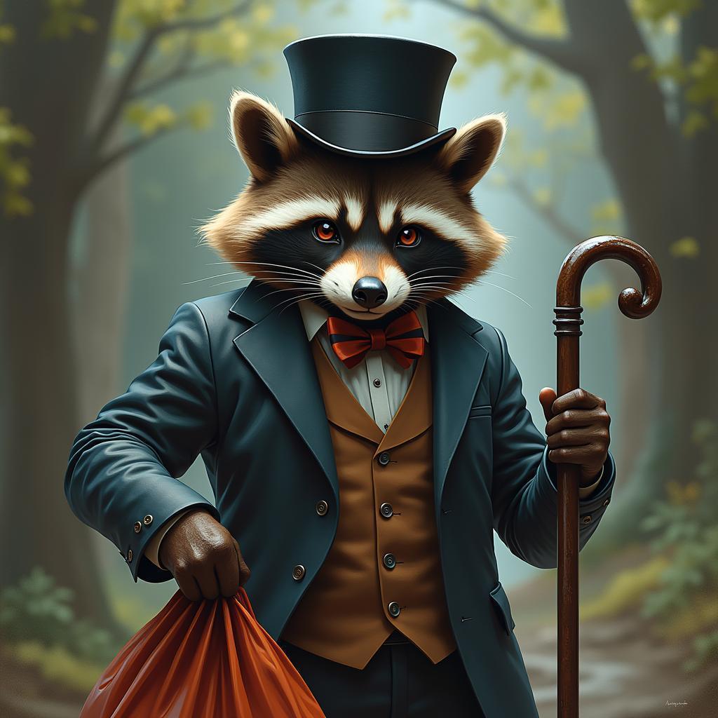 Dapper Raccoon With Top Hat and Cane