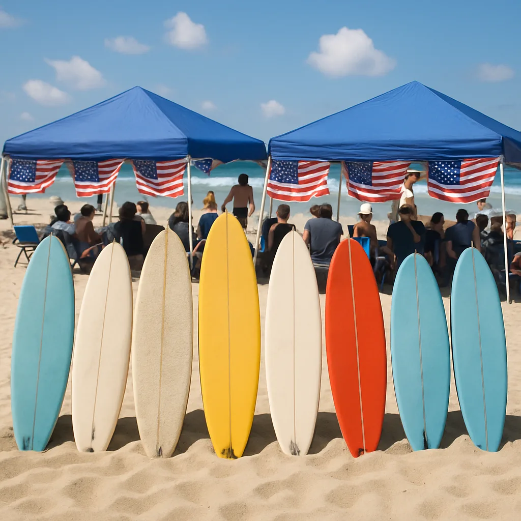 Row of Surfboards on a Sandy Beach with People